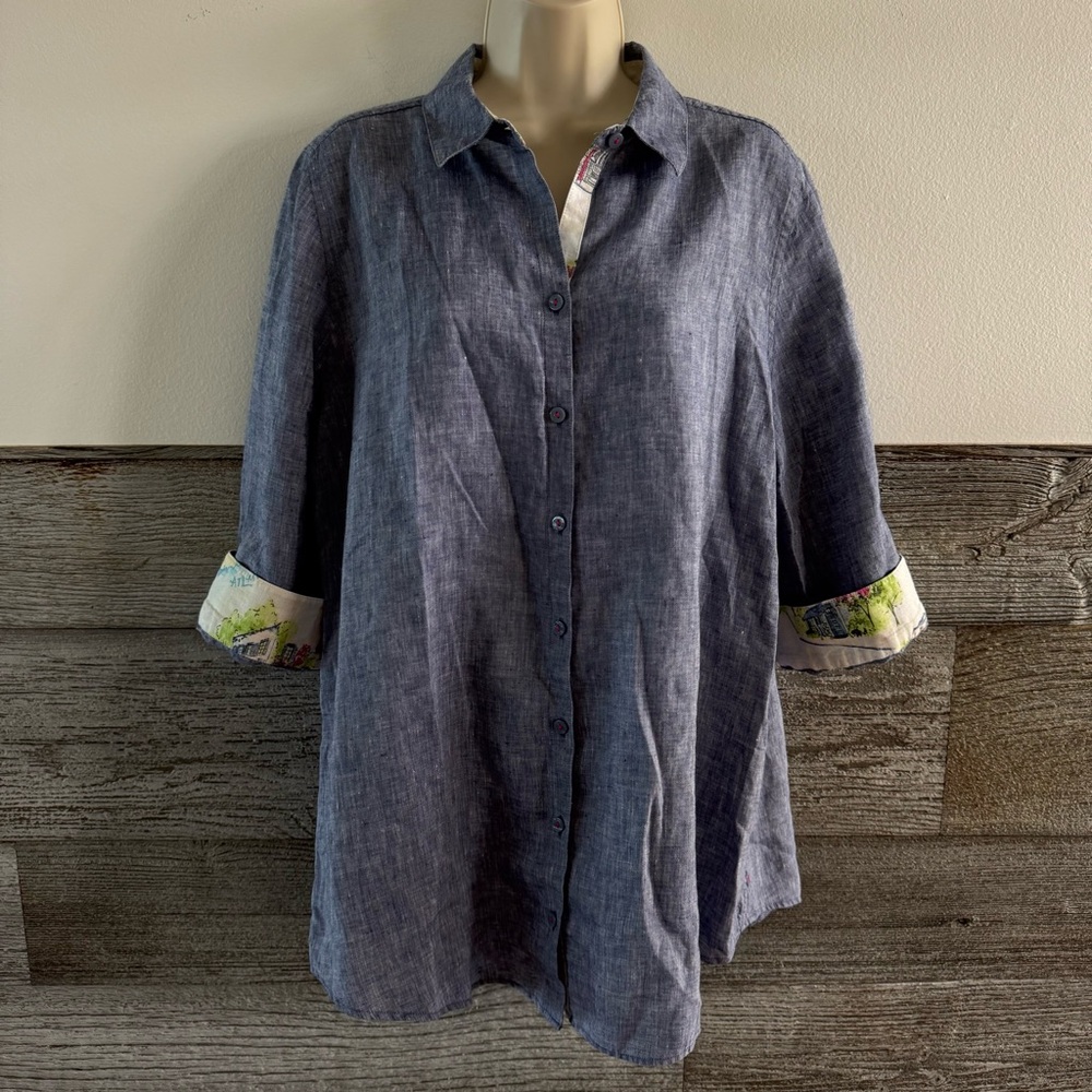 Chicos Linen Shirt Top Button Up 3/4 Roll SLVS Side Buttons Size 12/14 (R1)